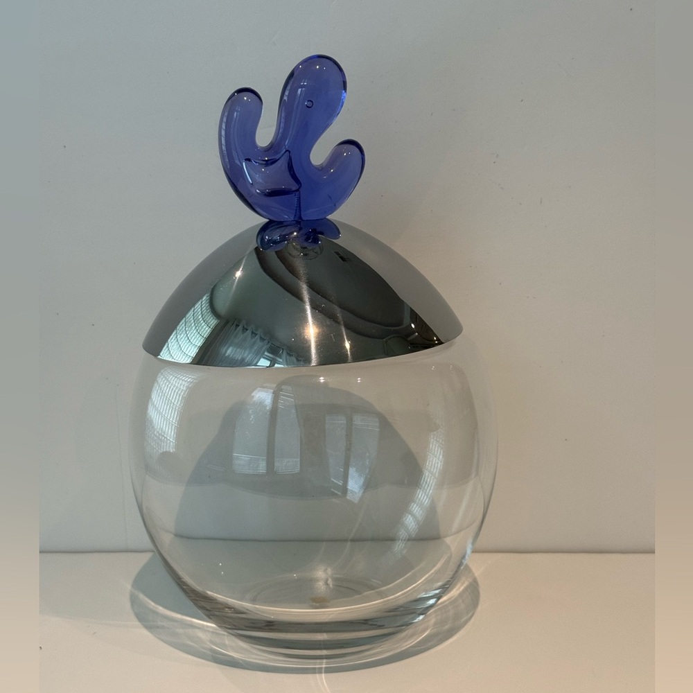 Alessi Glass Cookie Jar with Silver Lid and Blue Detail
